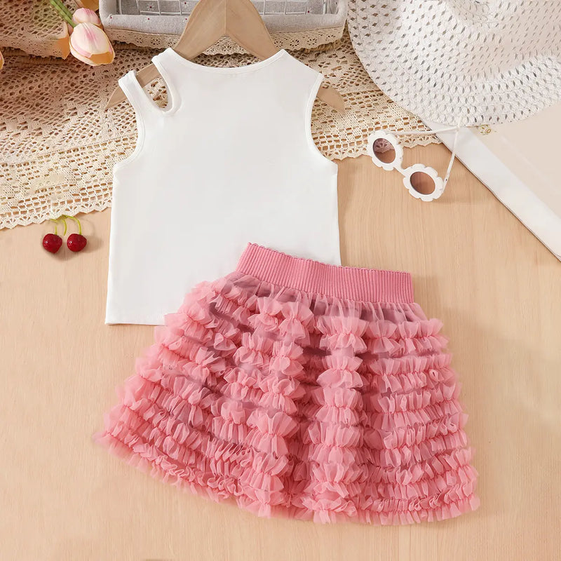 Girls White Heart Print Sleeveless Top With Ruffled Tulle Skirt Sets Sets