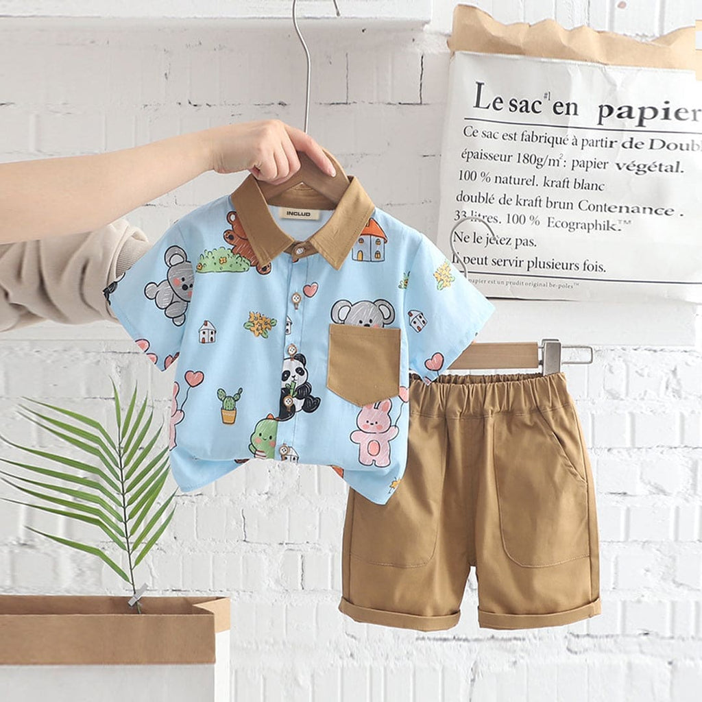 Boys Blue Cartoon Graphics Shirt With Shorts 2 pc. Sets Blue 1-2 Y 