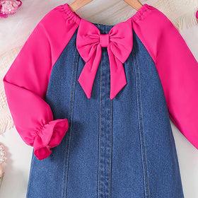 Girls Blue Bow Applique Raglan Sleeve Denim Dress Casual Dresses