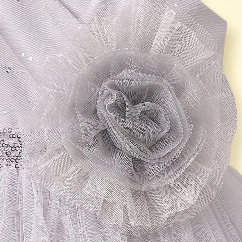 Girls Light Grey Floral Applique Sleeveless Fit & Flare Dress Party Dresses