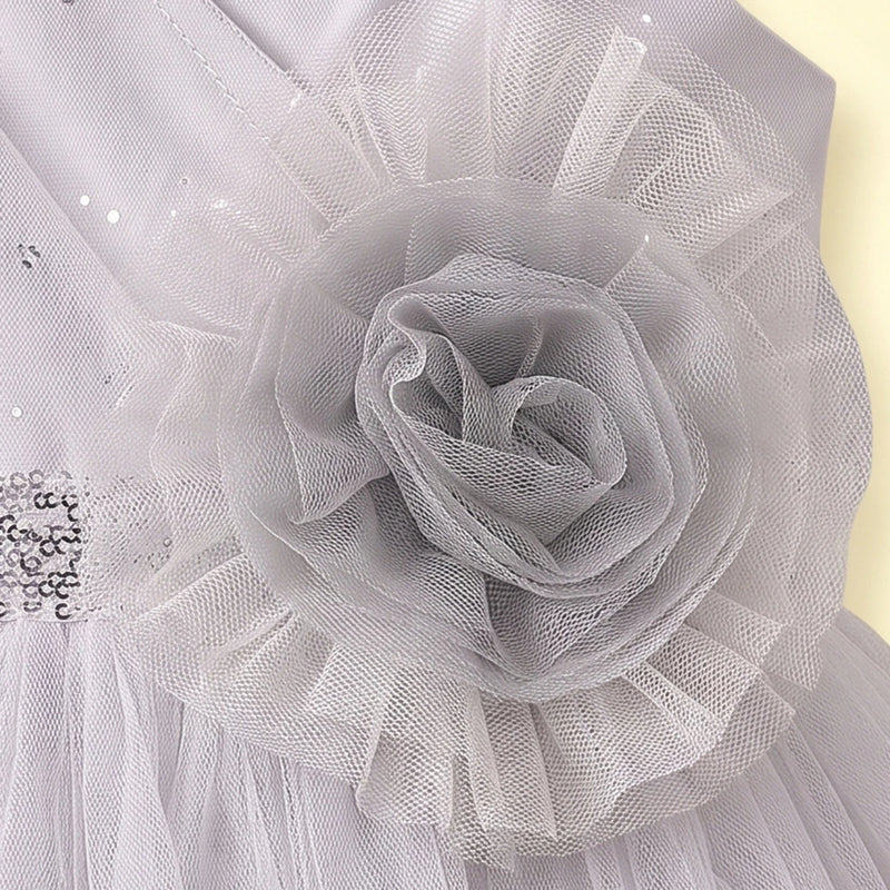 Girls Light Grey Floral Applique Sleeveless Fit & Flare Dress Party Dresses