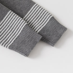 Boys Grey Zipper Cardigan With Self-Design Stripe Patterns Sweaters & Cardigans