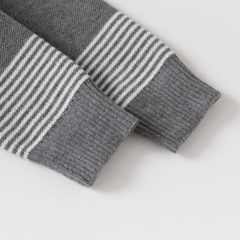 Boys Grey Zipper Cardigan With Self-Design Stripe Patterns Sweaters & Cardigans