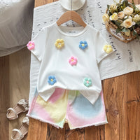 Girls White 3D Floral Applique Short Sleeve T-Shirt With Tie-Dye Shorts Sets 2 pc. Sets White 3-4 Y