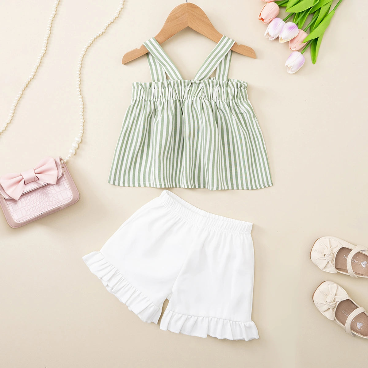 Girls Green Stripes Sleeveless Top With Shorts Set Sets