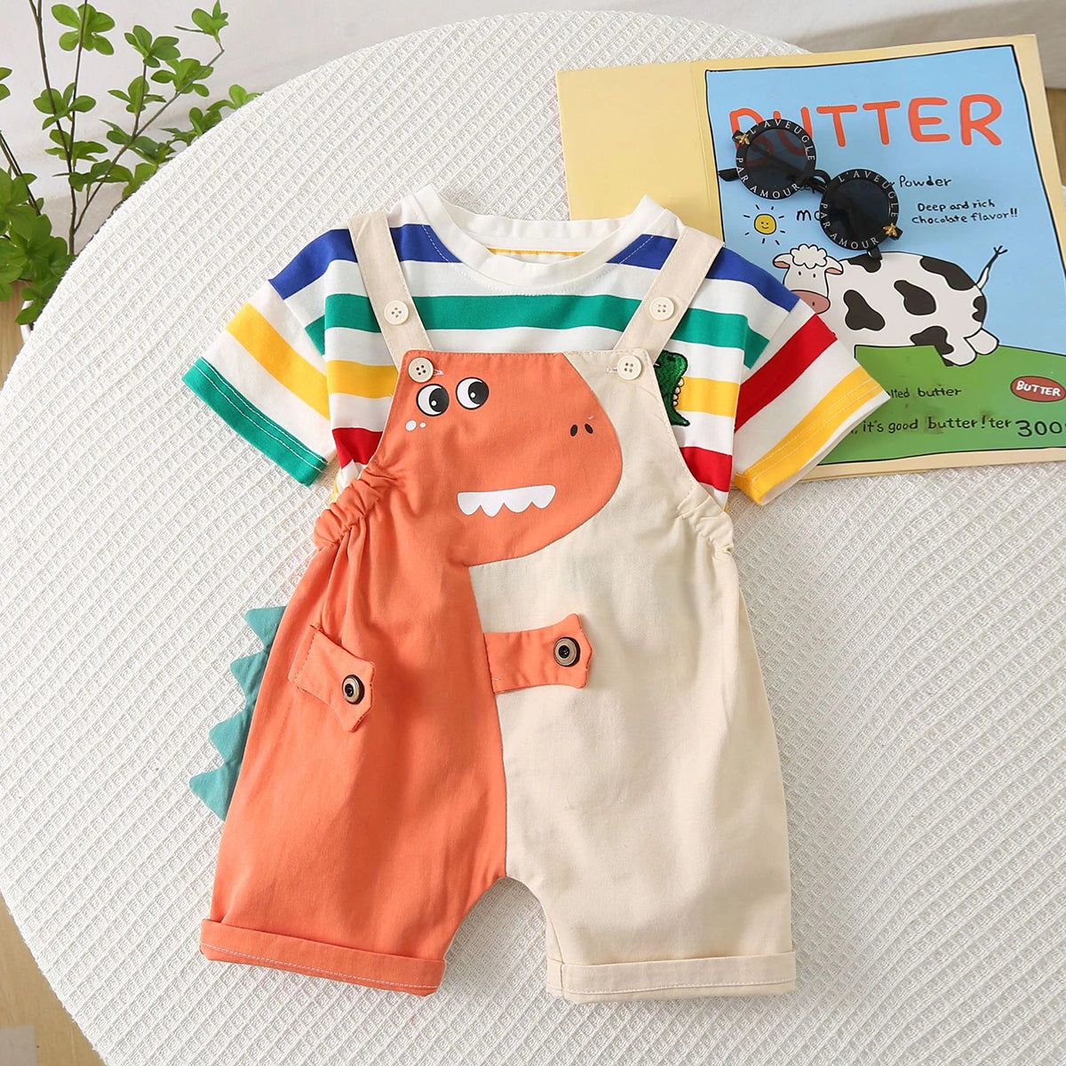 Boys Short Sleeve T-Shirt With Orange Dinosaur Applique Dungaree Sets 2 pc. Sets Orange 1-2 Y