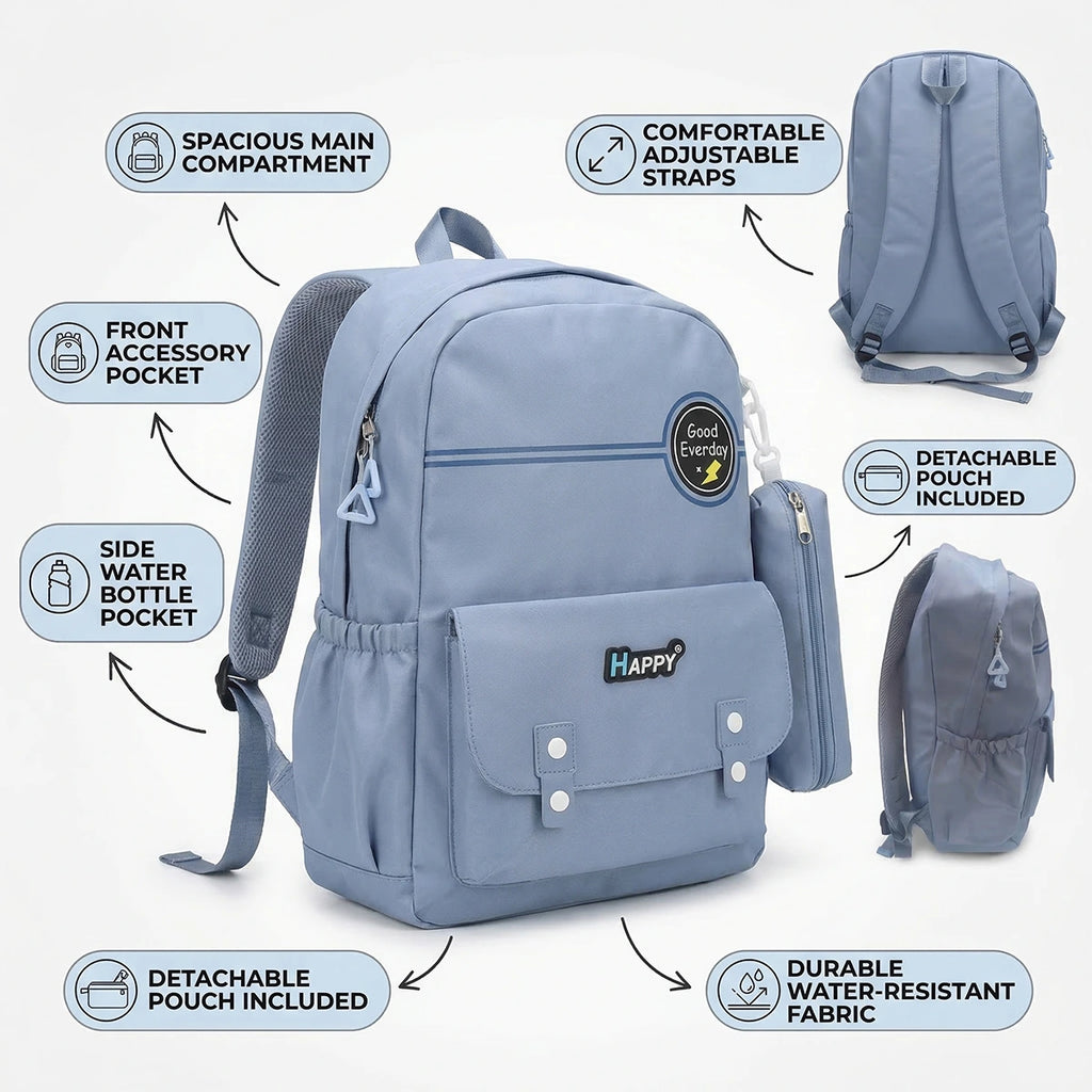 Boys Powder Blue School Backpack with Detachable Side Pouch Trending Accessories