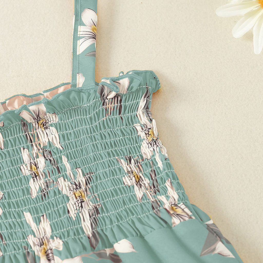 Girls Sea Green Floral Print Smocked Full Length Jumpsuit Jumpsuits