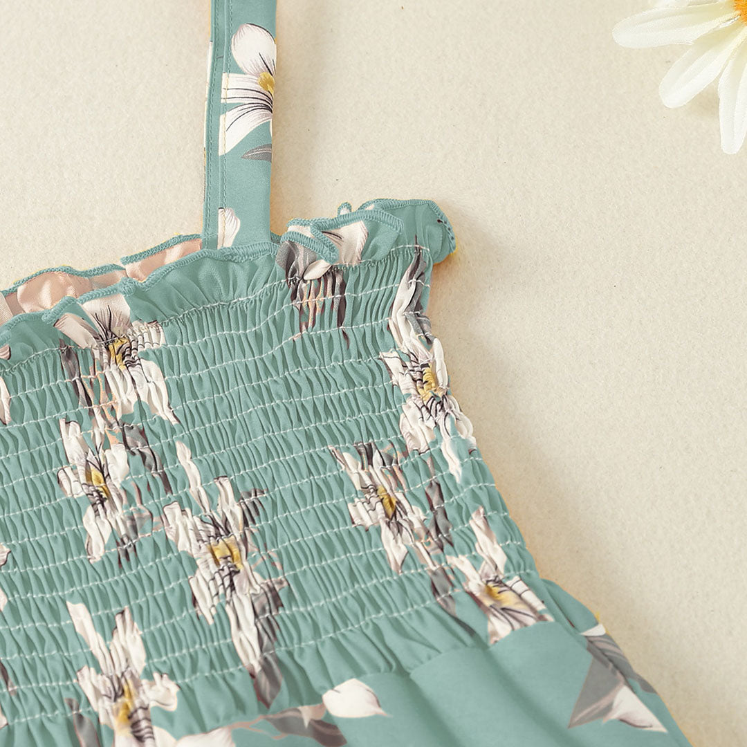 Girls Sea Green Floral Print Smocked Full Length Jumpsuit Jumpsuits