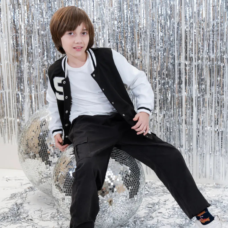 Girls Black Solid S Applique varsity Jacket Coats & Jackets
