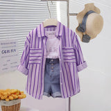 Girls Purple Stripe Shirt With Printed T-Shirt And Denim Shorts Sets