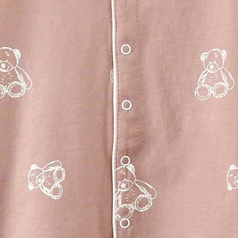 Girls Light Brown Teddy Bear Printed Short Sleeve Shirt With Elasticated Pyjama Sets Sets