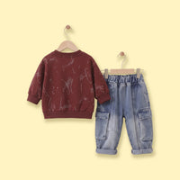 Boys Maroon Typographic Sweatshirt & Denim Cargo Pants Sets Sets