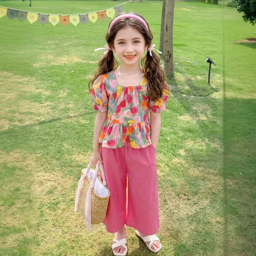 Girls Pink Floral Peplum Top With Crop Pants Sets Sets Pink 1-2 Y