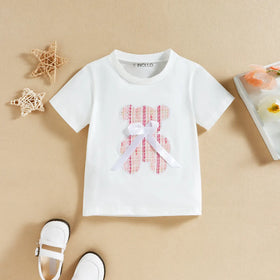 Girls Pink Teddy Bear Applique Short Sleeve T-Shirt With Skirt Sets 2 pc. Sets