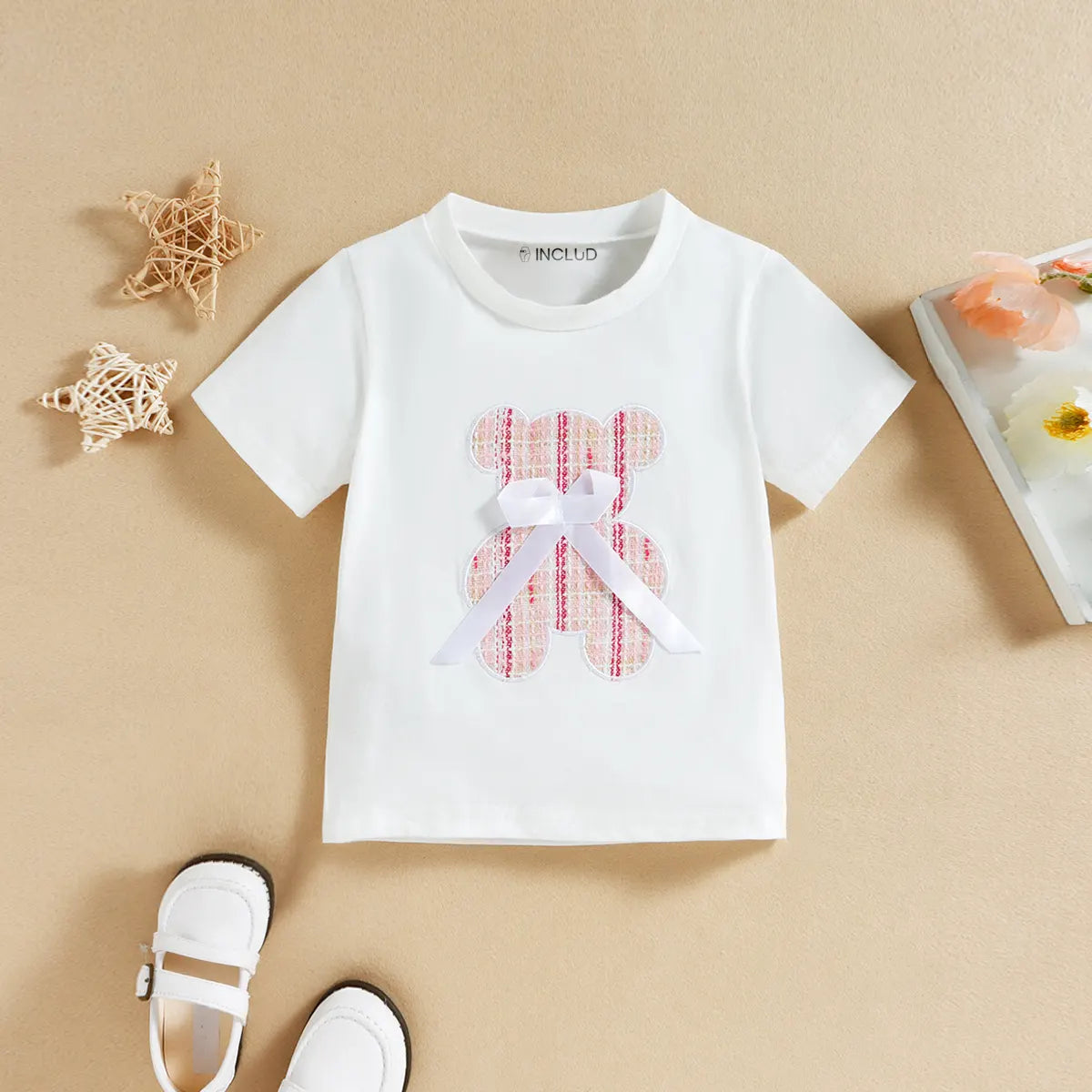 Girls Pink Teddy Bear Applique Short Sleeve T-Shirt With Skirt Sets 2 pc. Sets