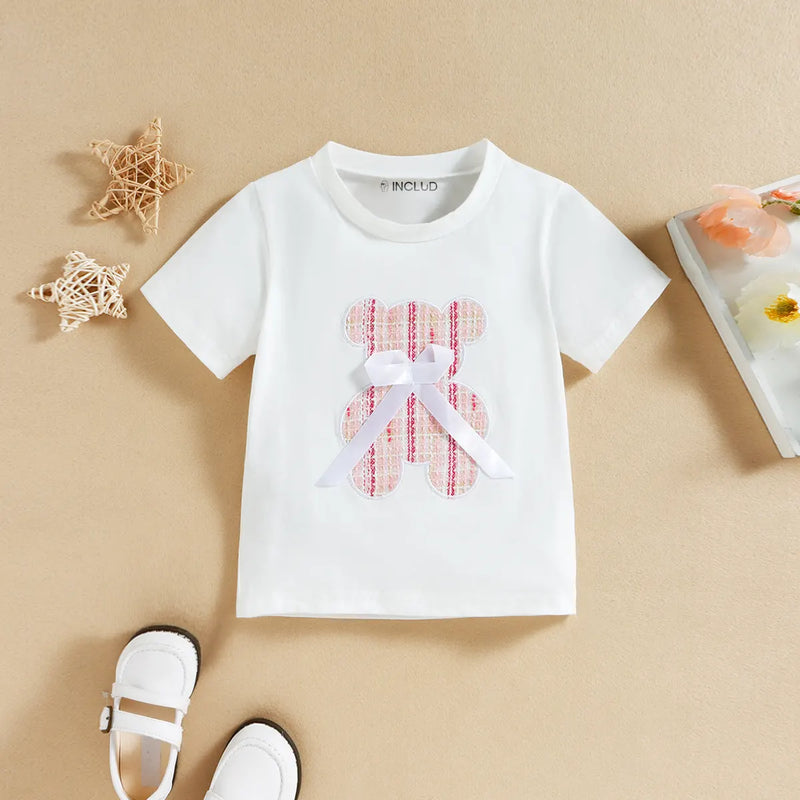 Girls Pink Teddy Bear Applique Short Sleeve T-Shirt With Skirt Sets 2 pc. Sets