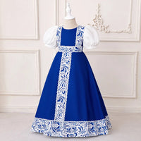 Girls Blue Ethnic Motifs Printed Trims Maxi Dress With Puff Sleeves Casual Dresses