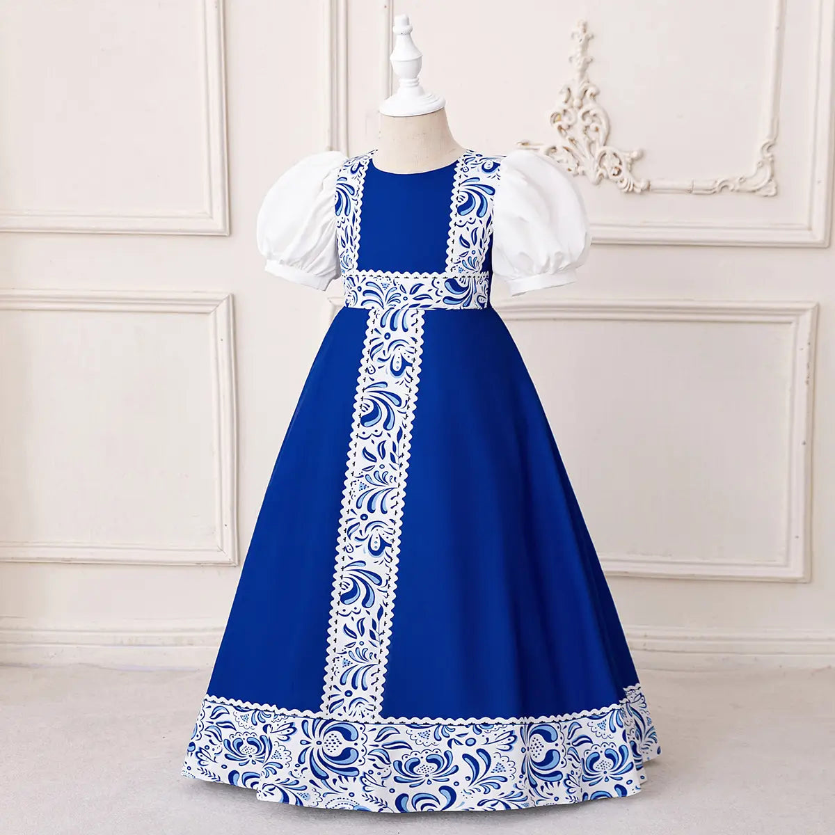 Girls Blue Ethnic Motifs Printed Trims Maxi Dress With Puff Sleeves Casual Dresses