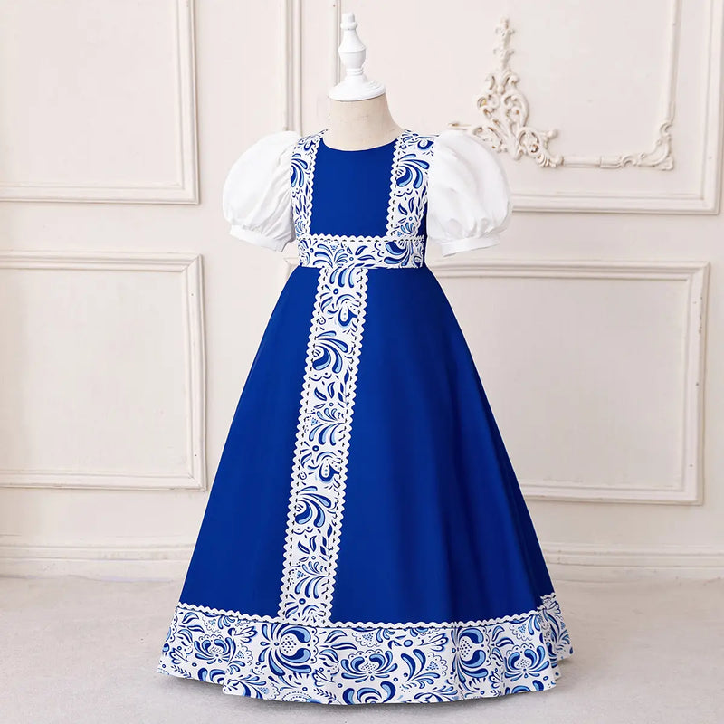 Girls Blue Ethnic Motifs Printed Trims Maxi Dress With Puff Sleeves Casual Dresses