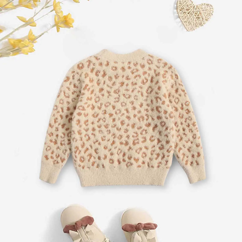 Girls Apricot Sweater With Self-Design Leopard Patterns Sweaters & Cardigans