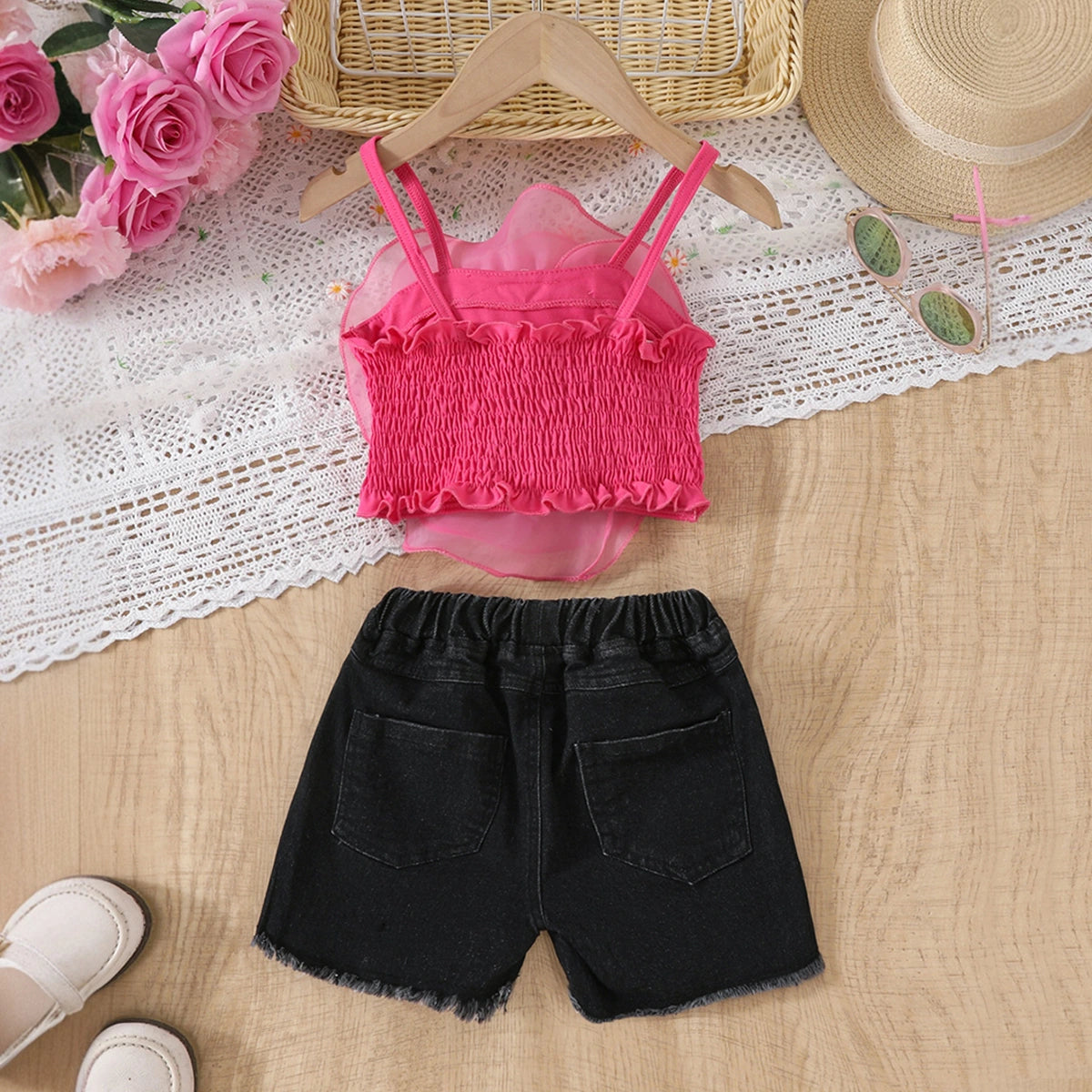 Girls Pink 3D Flower Applique Crop Top With Denim Shorts Set Sets