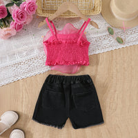 Girls Pink 3D Flower Applique Crop Top With Denim Shorts Set Sets