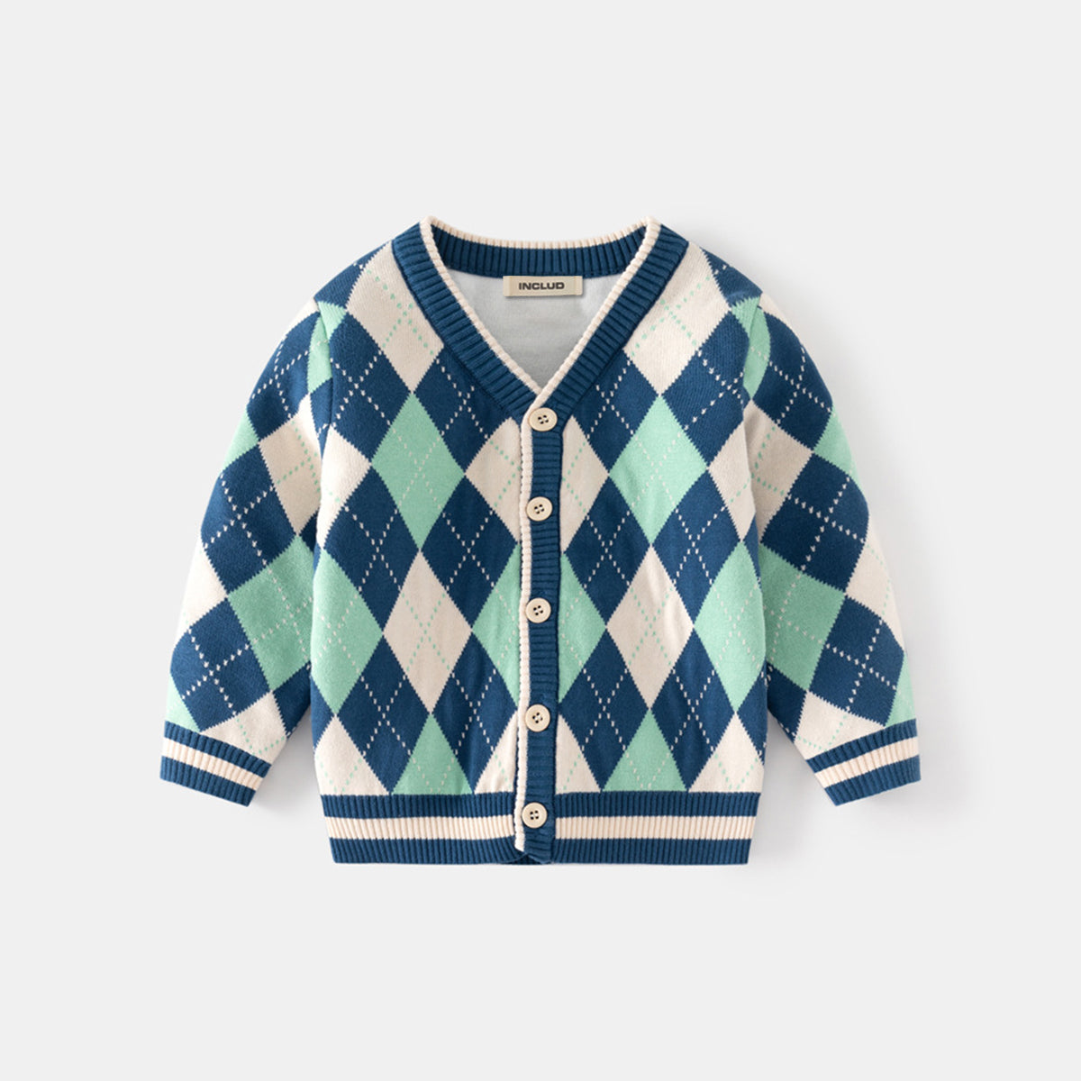 Boys Multicolor Cardigan With Self-design Diamond Patterns Sweaters & Cardigans