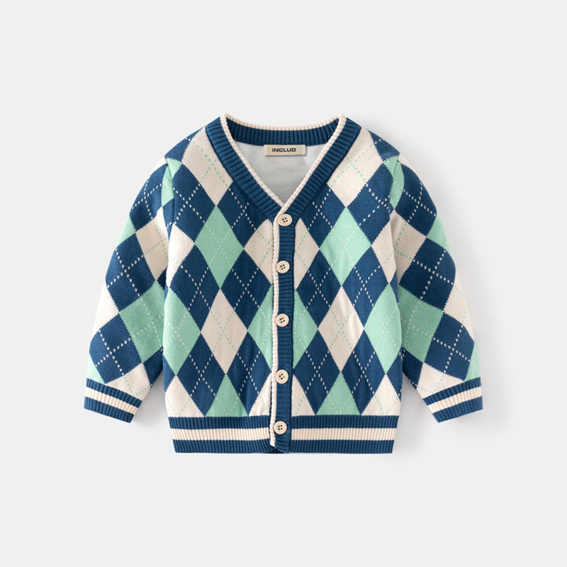 Boys Multicolor Cardigan With Self-design Diamond Patterns Sweaters & Cardigans