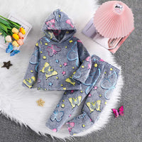 Girls Grey Self-Design Butterfly Patterns Hooded Fleece Sweatshirt With Pant Co-ord Sets 2 pc. Sets Grey 3-4 Y