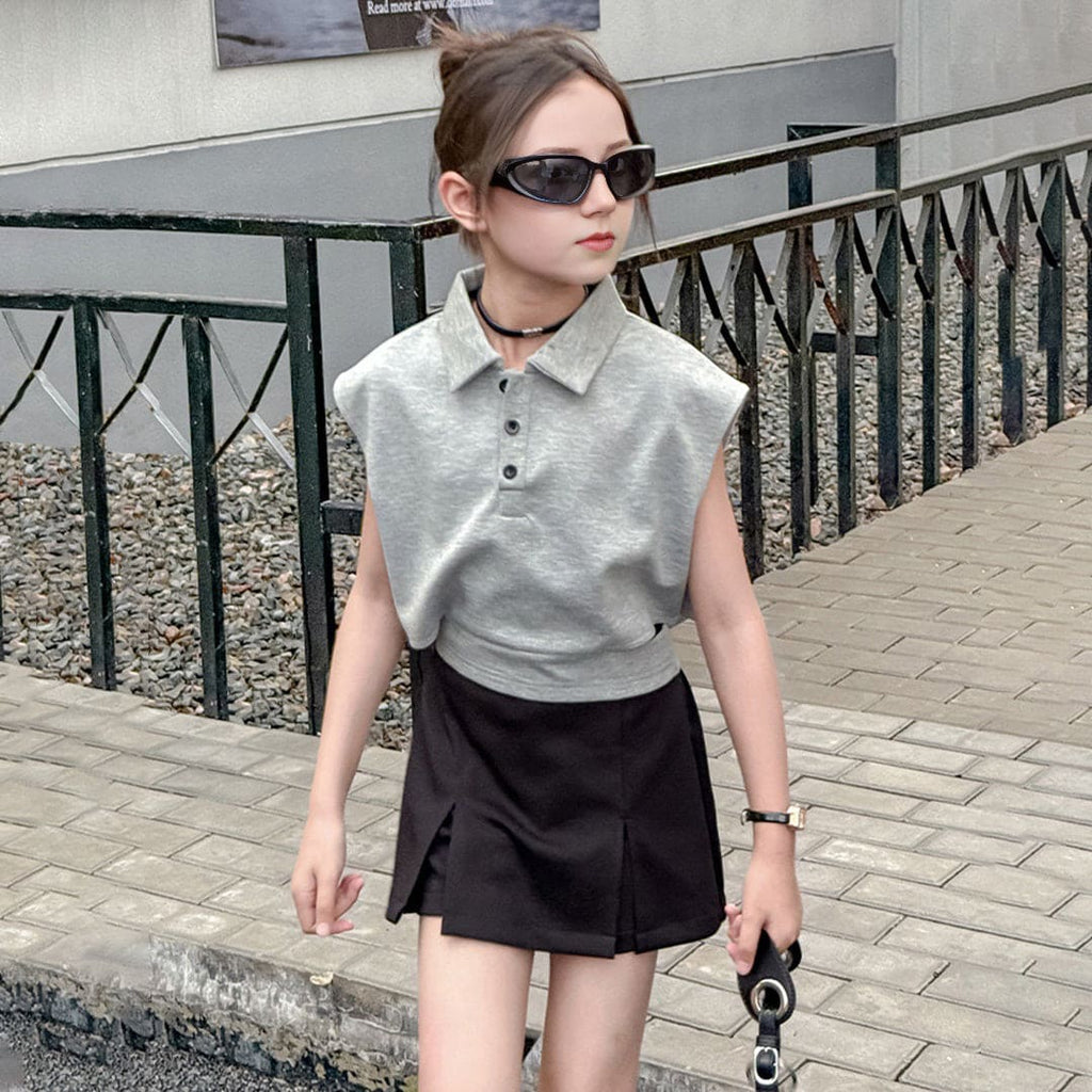 Girls Extended Sleeve Polo T-Shirt With Skirt Set