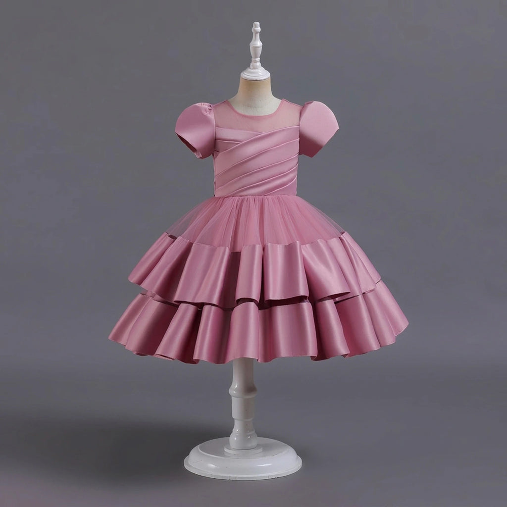 Girls Pink Puff Sleeve Ruffle Layered Party Wear Dress Party Dresses Pink 2-3 Y
