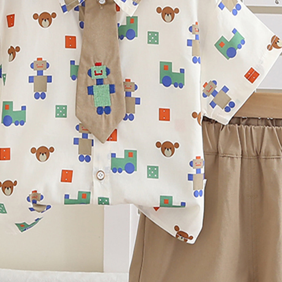 Boys Printed Shirt With Khaki Neck Tie And Shorts Set 3 pc. Sets