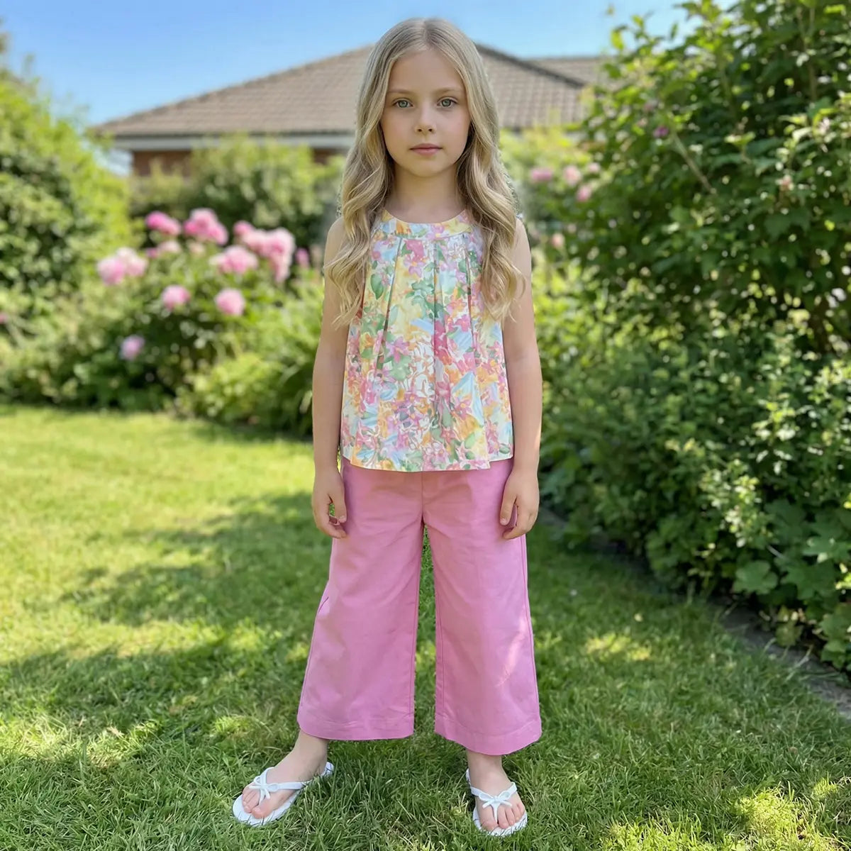 Girls Pink Floral Print Pleated Top With Wide-Leg Pants Set Sets Pink 3-4 Y