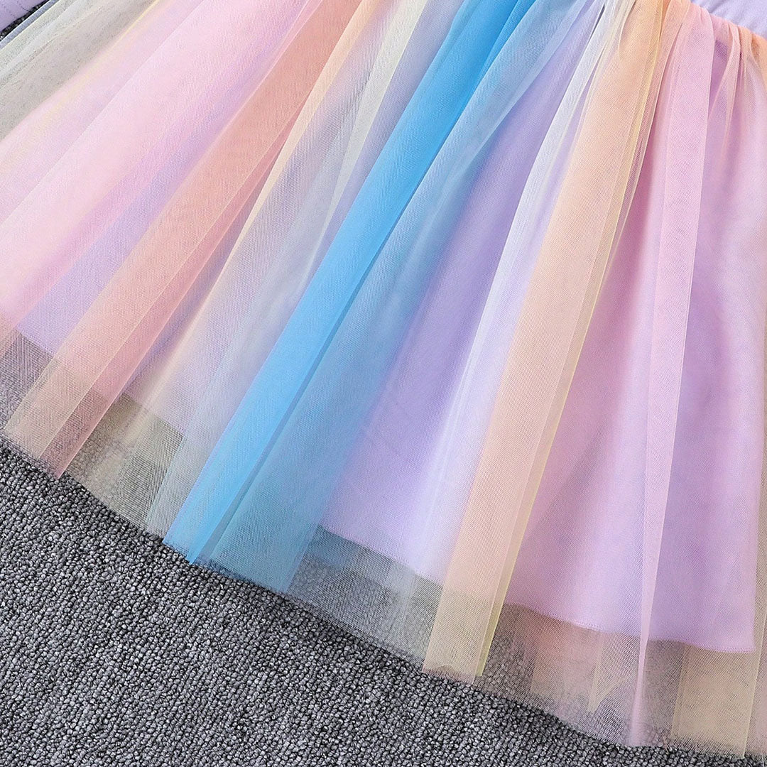 Girls Purple Unicorn Print Multicolored Tulle Overlay Dress Casual Dresses