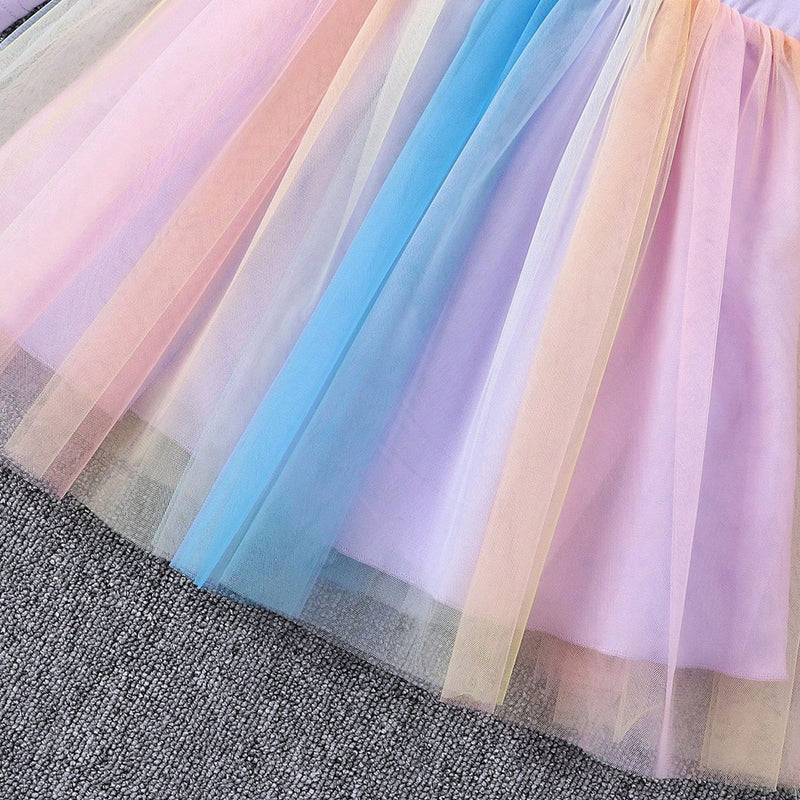 Girls Purple Unicorn Print Multicolored Tulle Overlay Dress Casual Dresses