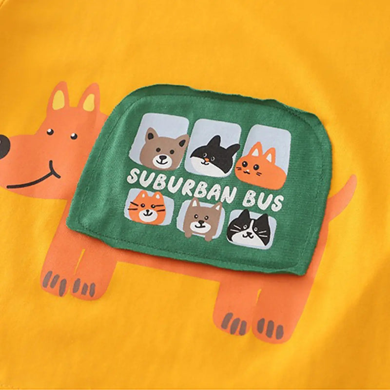 Boys Yellow Dog Bus Print T-Shirt With Denim Shorts Sets Sets