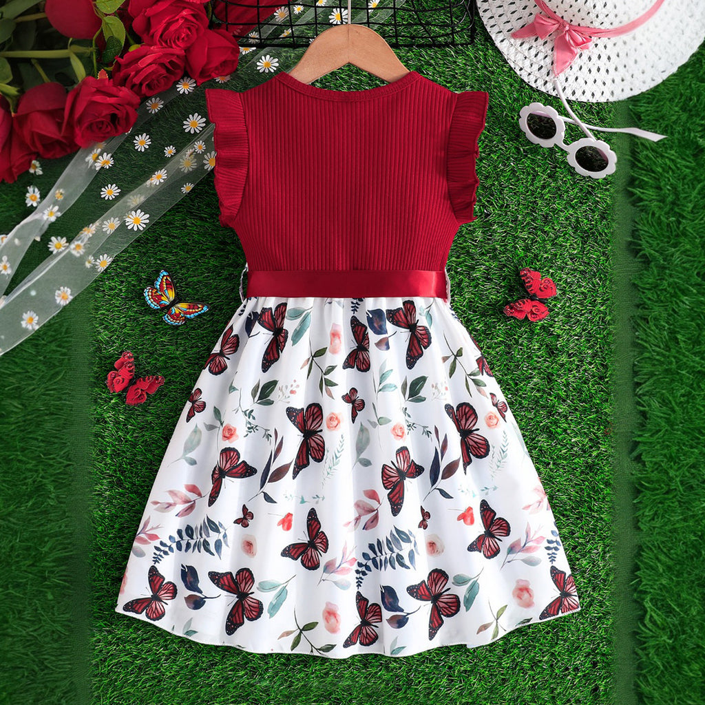 Girls Red Butterfly Printed Fit & Flare Dress Casual Dresses