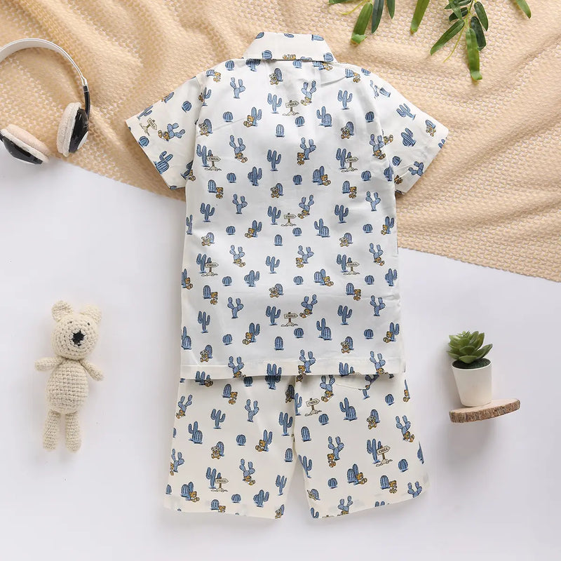 Boys Blue Cactus Printed Shirt With T-Shirt And Shorts Sets 3 pc. Sets
