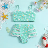 Girls Green Floral Printed Top & Briefs With Lace Trims Swimwear Sets Sets Green 1-2 Y