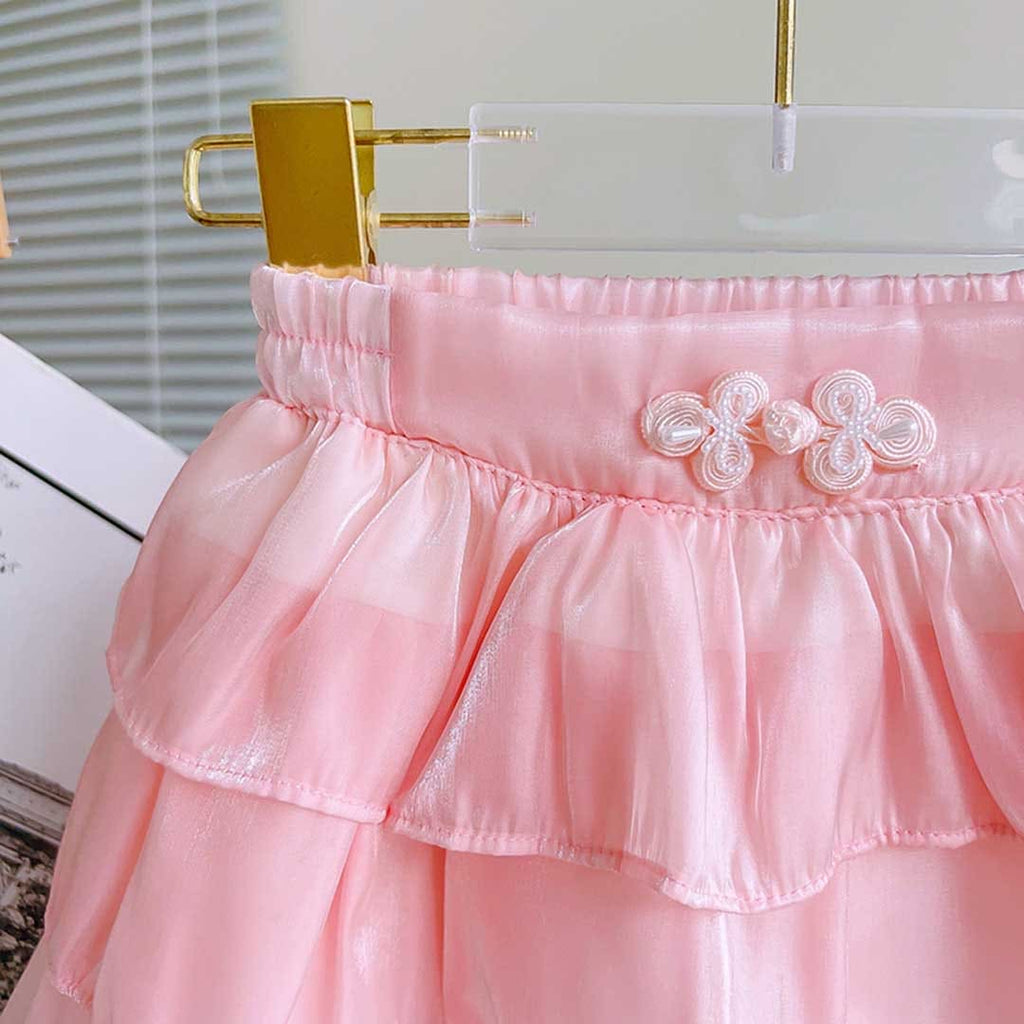 Girls Short Sleeve Floral Embroidery Top With Skirt Sets   