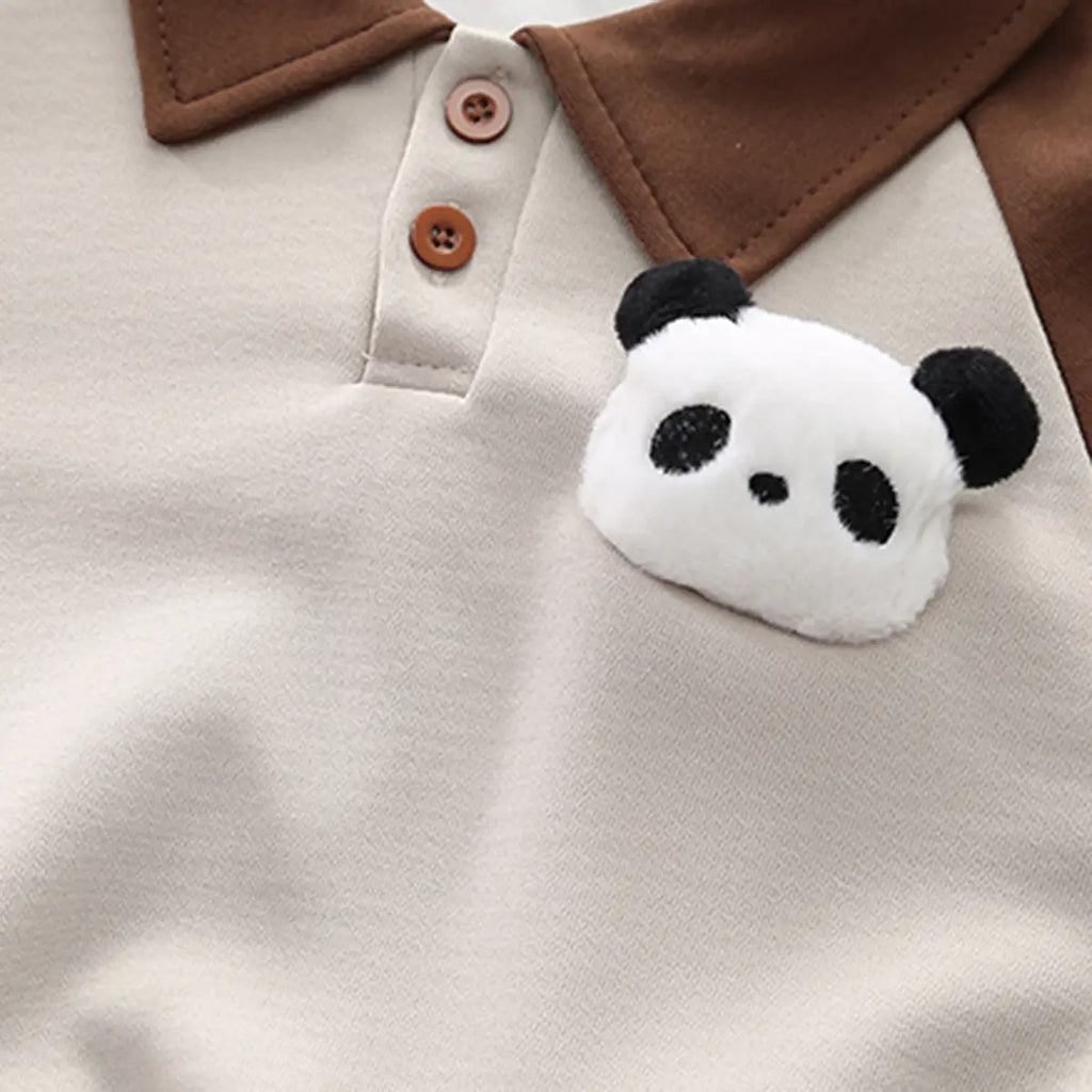 Boys Dark Brown 3D Panda Face Applique Polo Sweatshirt With Jogger Sets Sets