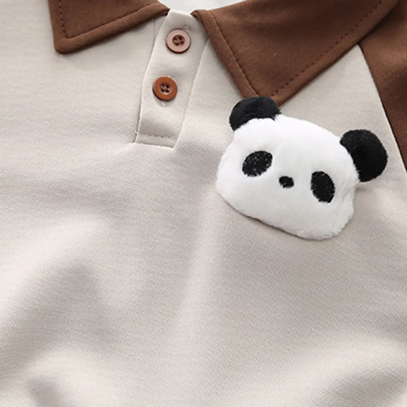 Boys Dark Brown 3D Panda Face Applique Polo Sweatshirt With Jogger Sets Sets