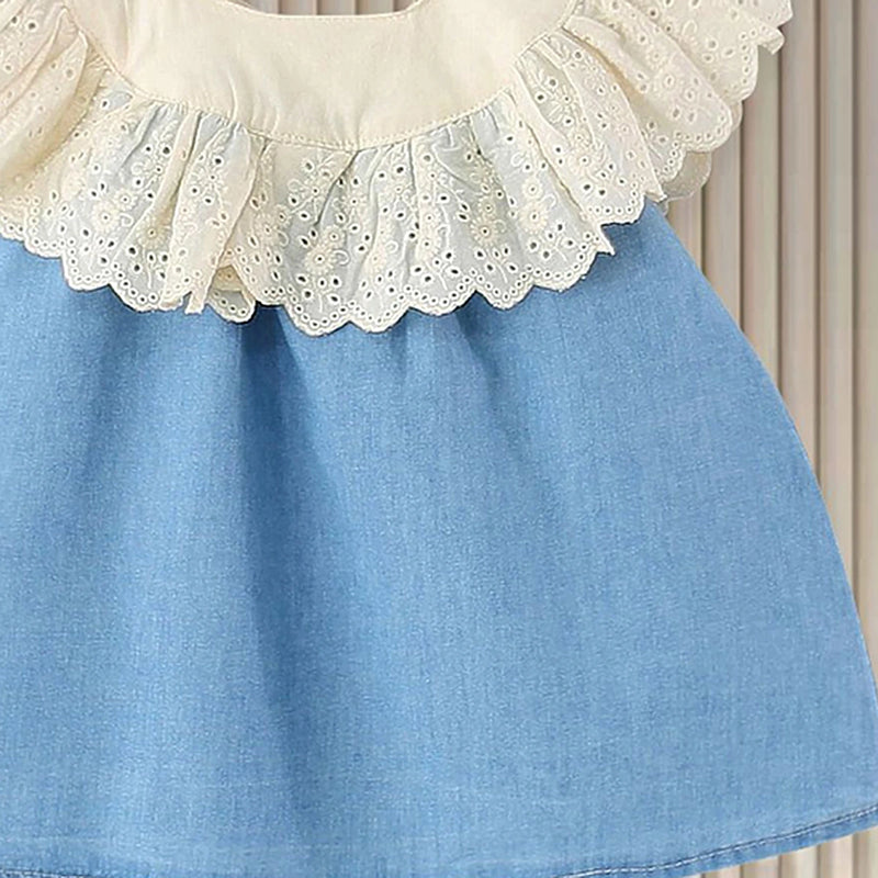 Girls Light Blue Eyelet Lace A-Line Dress with Ruffle Collar Casual Dresses