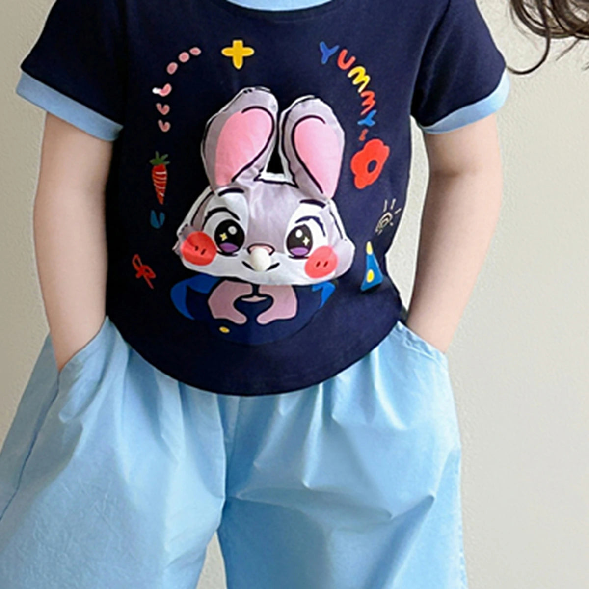 Girls Navy Blue Bunny Graphic Top With Balloon Cropped Pants Sets Sets