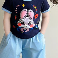 Girls Navy Blue Bunny Graphic Top With Balloon Cropped Pants Sets Sets