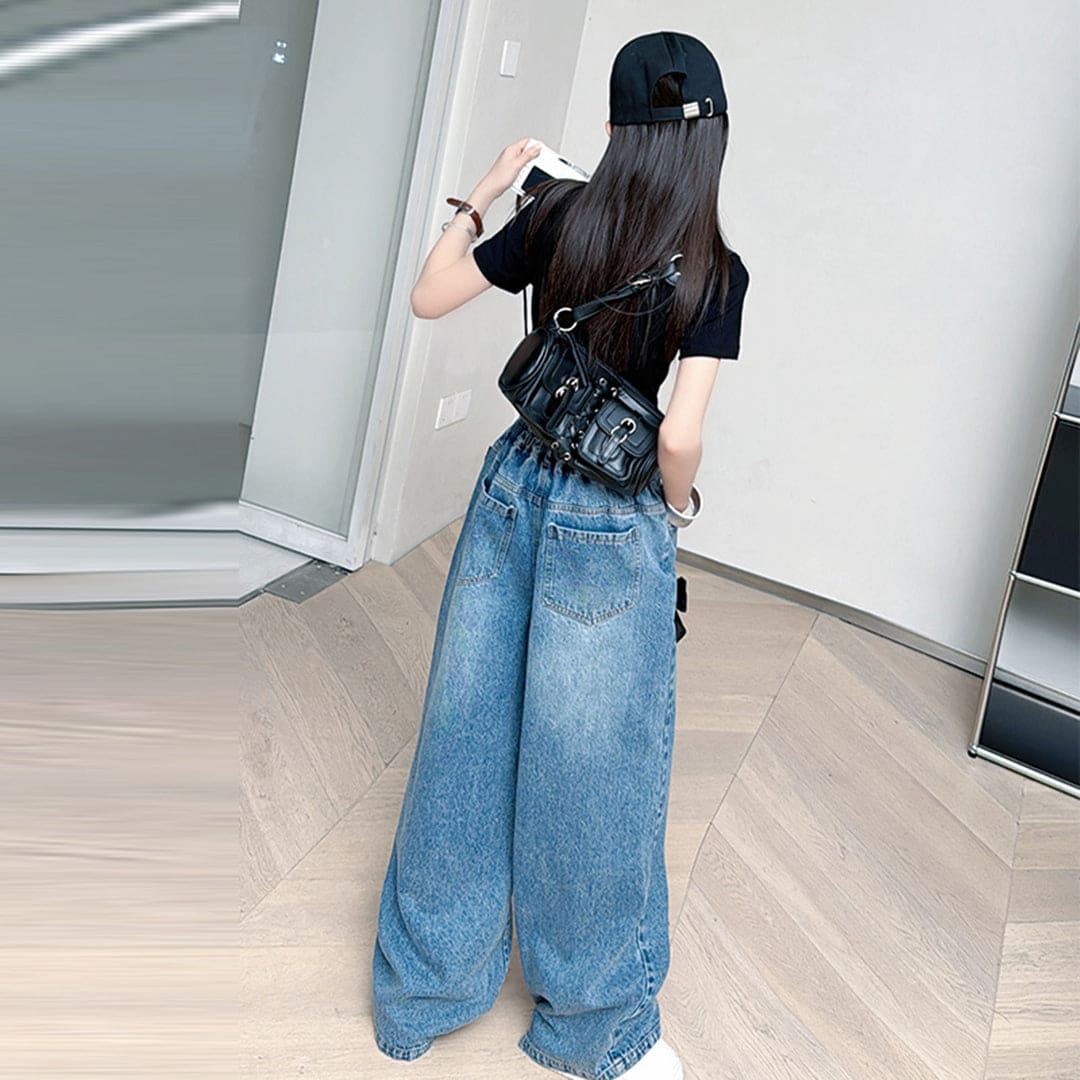 Girls Bow Applique Straight Fit Denim Trousers Jeans   