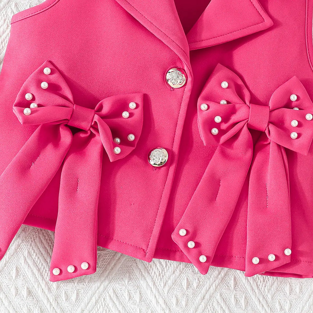 Girls Fuchsia Bow Applique Top With Camisole Top And Pleated Skirt Sets 3 pc. Sets