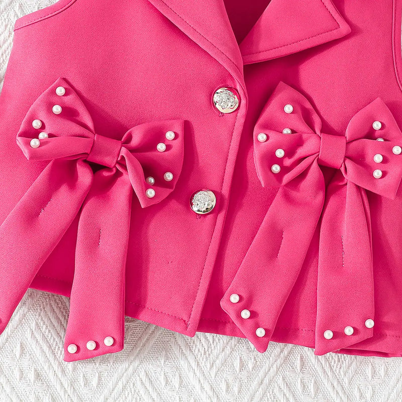 Girls Fuchsia Bow Applique Top With Camisole Top And Pleated Skirt Sets 3 pc. Sets