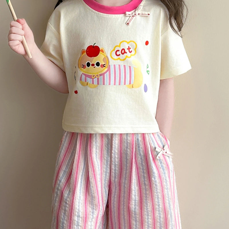 Girls Off White Cat Print T-Shirt With Striped Pants Sets Sets